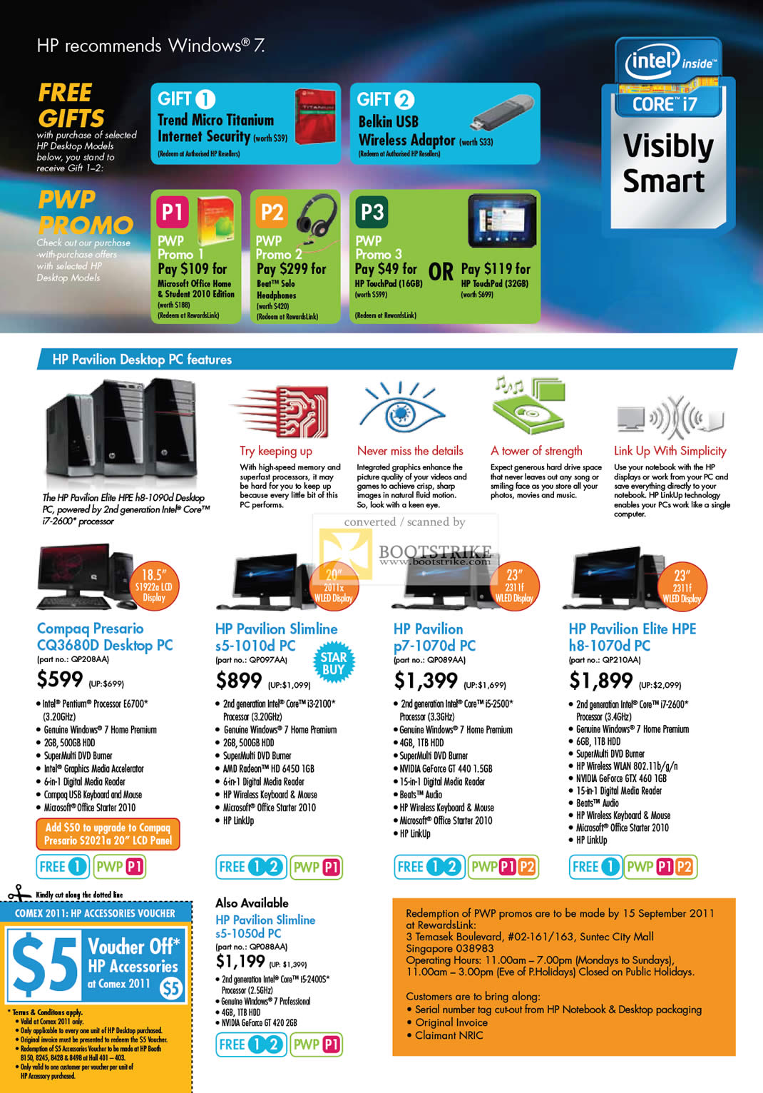 COMEX 2011 price list image brochure of HP Desktop PC Compaq Presario CQ3680D Slimline S5-1010d P7-1070D Elite HPE H8-1070D S5-1050D