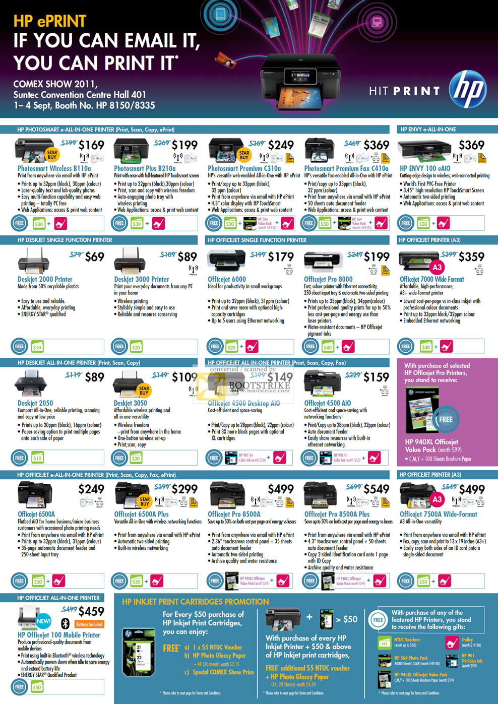 COMEX 2011 price list image brochure of HP Printers Inkjet Photosmart Wireless B110a Plus B210a Premium C310a Fax C410a Envy 100 EAiO Deskjet 2000 3000 Officejet 6000 8000 7000 2050 3050 4500 6500A 8500A 7500A 100