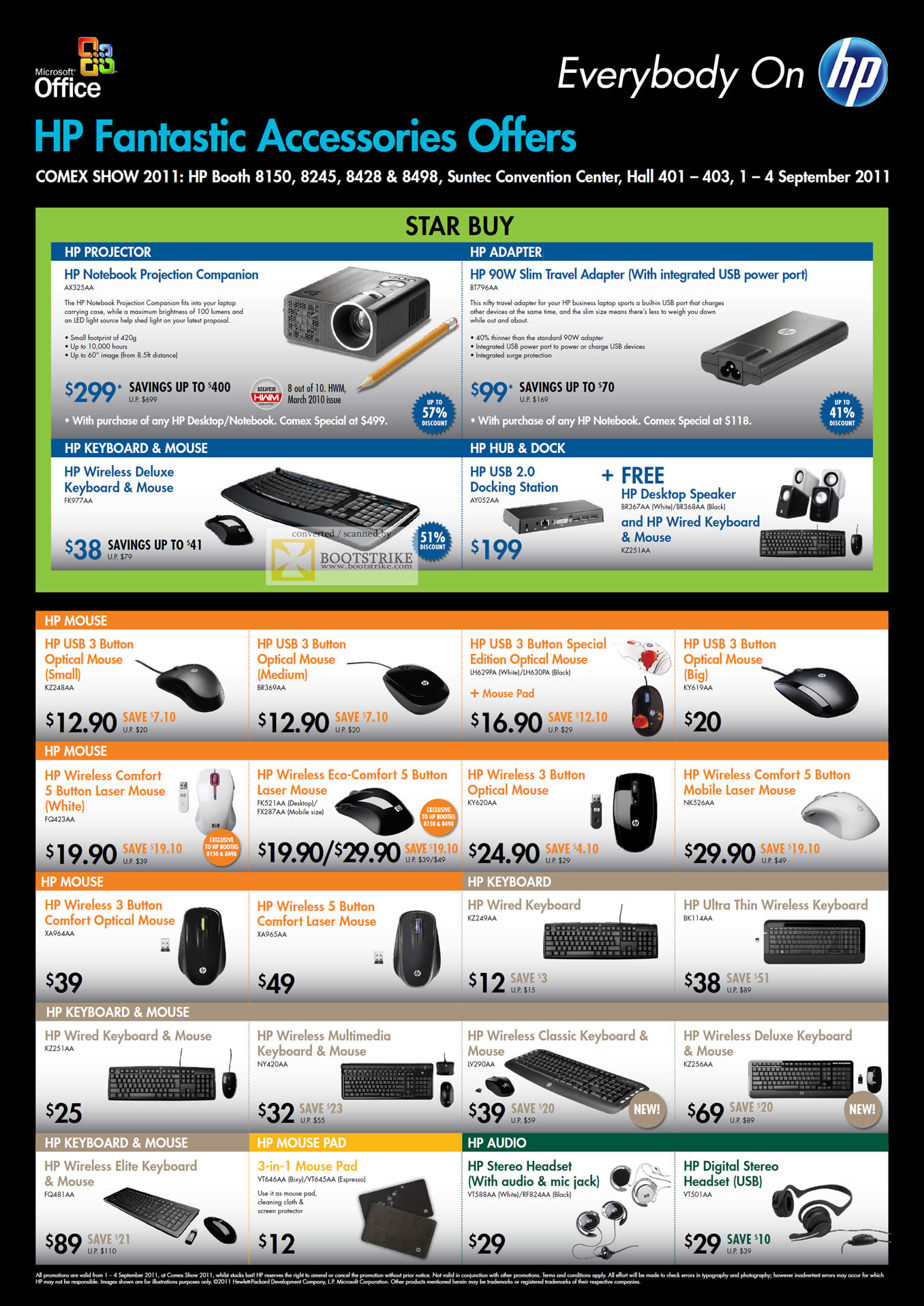COMEX 2011 price list image brochure of HP Projector AX325AA Adapter Keyboard Mouse Hub Dock Wireless Eco-Comfort Laser Ultra Thin Mouse Pad Headset USB