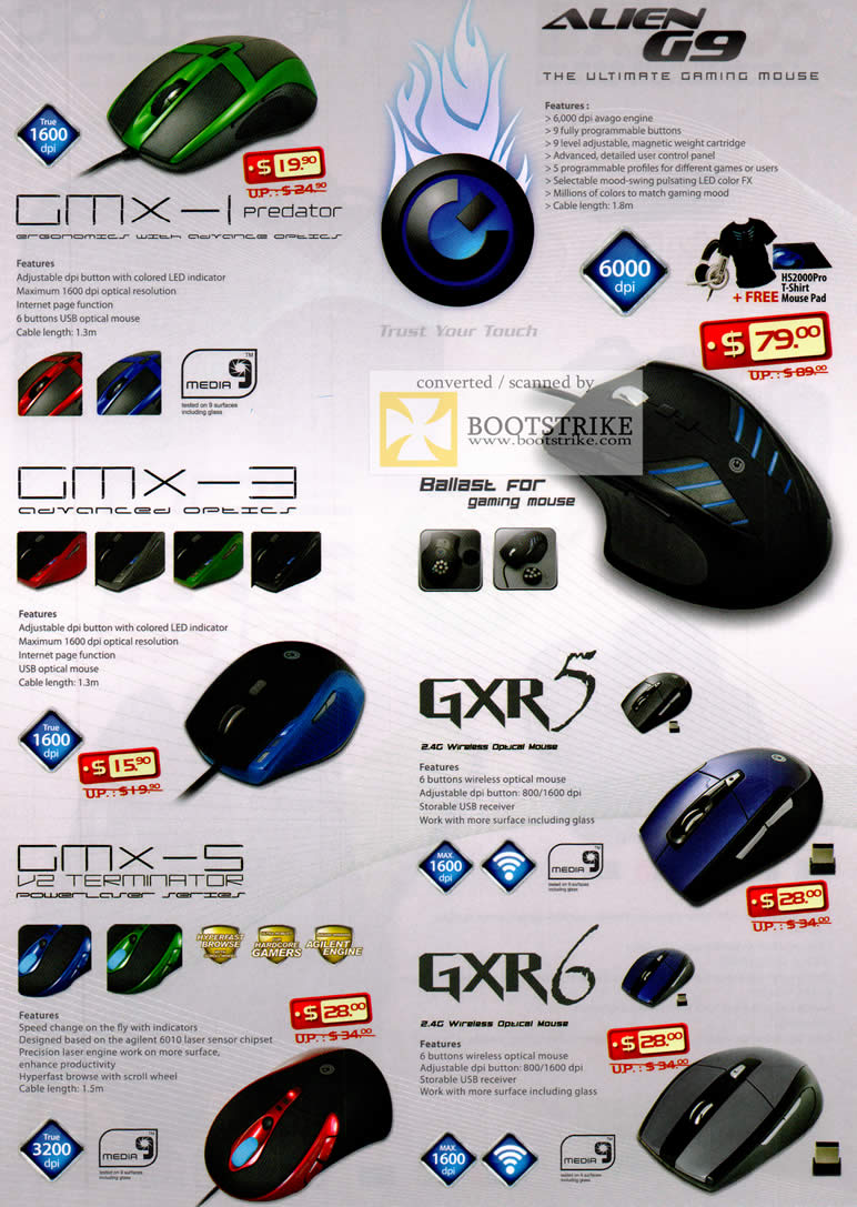 COMEX 2011 price list image brochure of Leap Frog Powerlogic Mouse Alien G9 Prediator MX-1 MX-3 GXR5 MX-5 GXR6 Ballast FDR Gaming Mouse