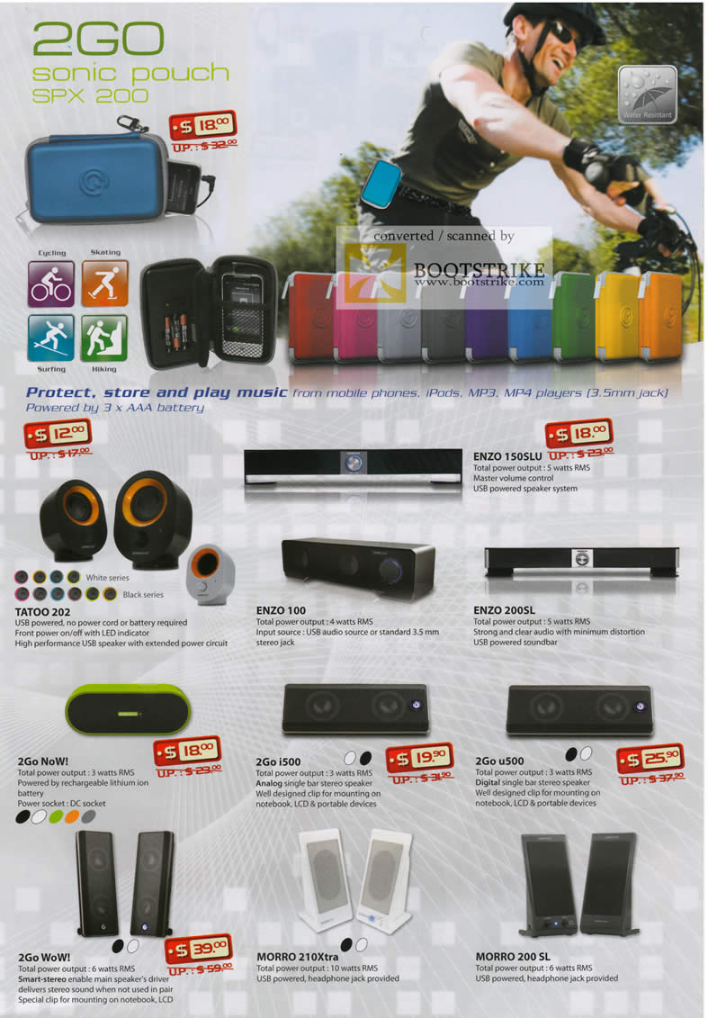 COMEX 2011 price list image brochure of Leap Frog SonicGear Speakers 2GO Sonic Pouch SPX 200 Enzo 150SLU Tatoo 202 100 200SL NoW I500 U500 Morro 210Xtra 200 SL WoW