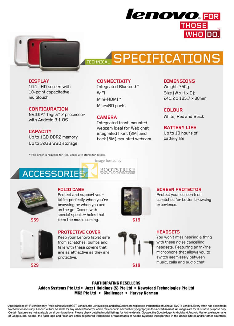 COMEX 2011 price list image brochure of Lenovo Tablet Ideapad K1 Specifications Accessories Folio Case Protector Headset