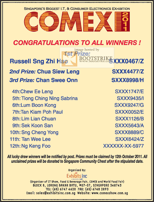 COMEX 2011 price list image brochure of Lucky Draw Results Winners
