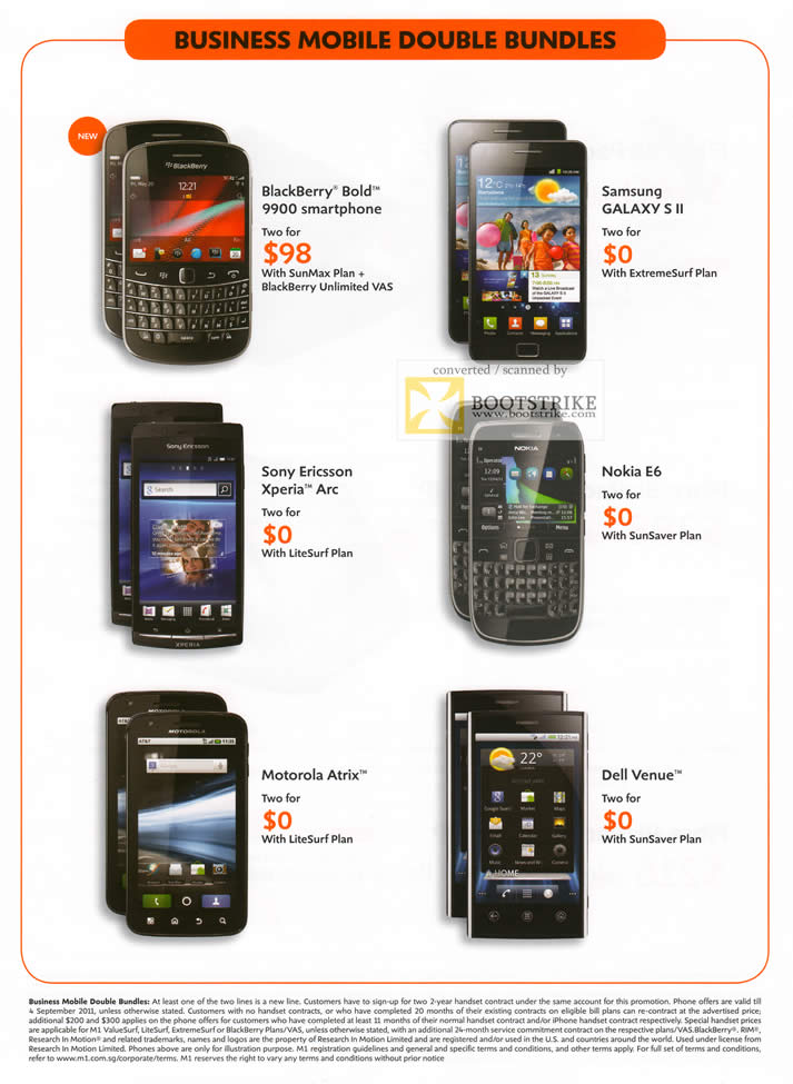 COMEX 2011 price list image brochure of M1 Business Mobile Double Bundles Blackberry Bold 9900 Samsung Galaxy S II Sony Ericsson Xperia Arc Nokia E6 Motorola Atrix Dell Venue