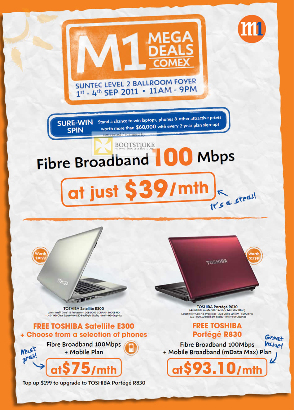 COMEX 2011 price list image brochure of M1 Fibre Broadband 100Mbps Toshiba Satellite E300 Portege R830