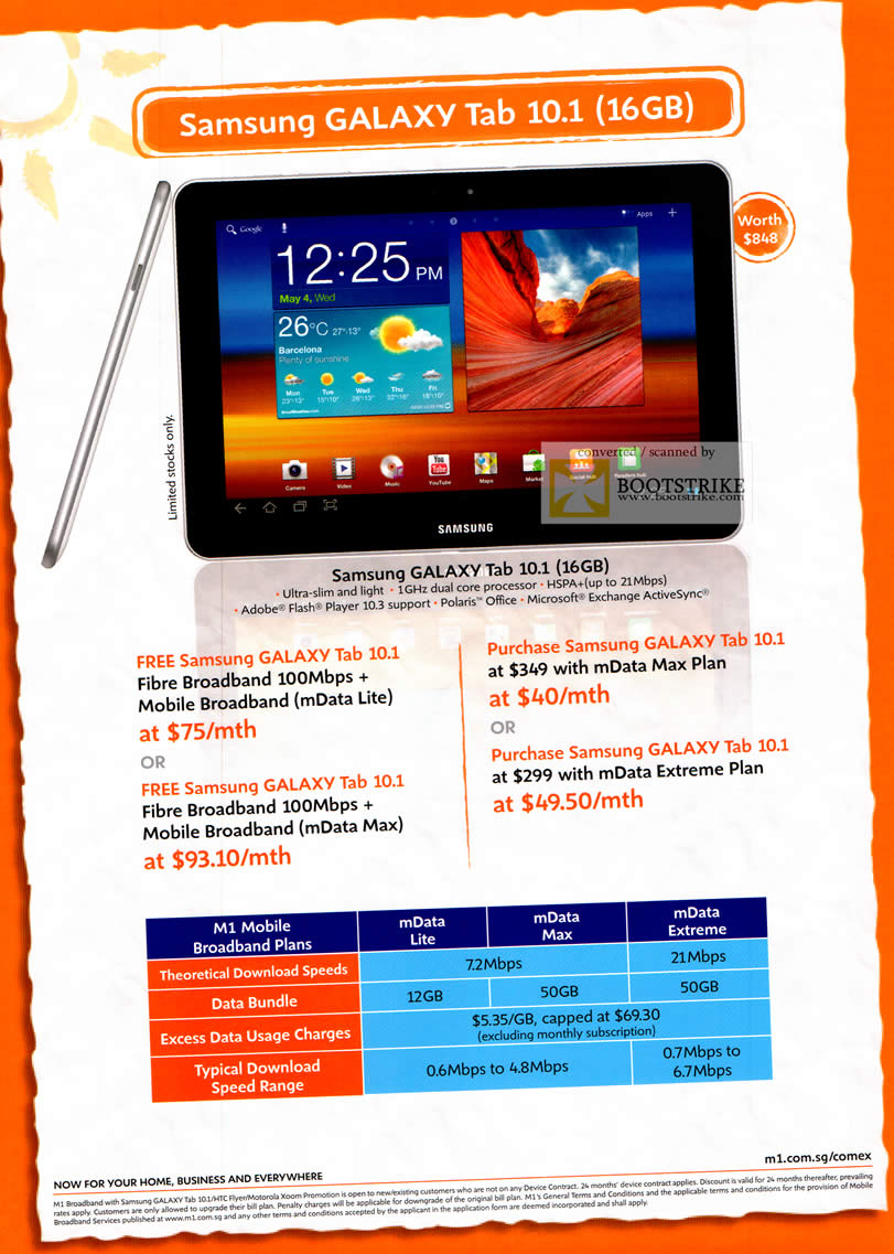 COMEX 2011 price list image brochure of M1 Fibre Broadband Free Samsung Galaxy Tab 10.1 MData Max Plan Mobiel Broadband Extreme