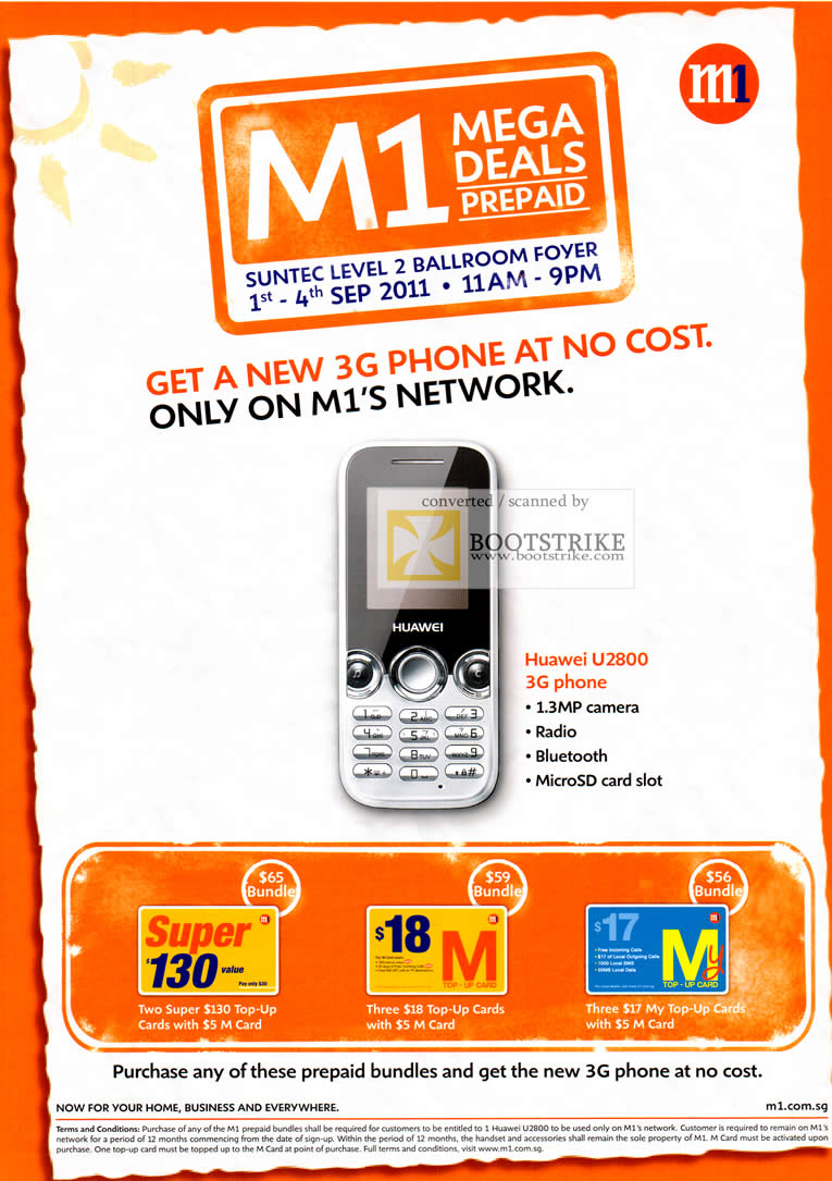 COMEX 2011 price list image brochure of M1 Prepaid Huawei U2800 3G Phone Free Top-Up Card M Card
