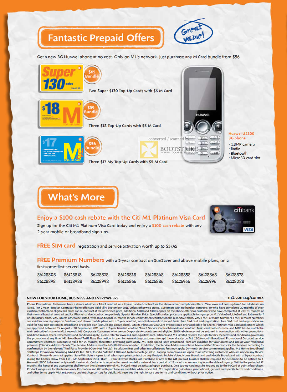 COMEX 2011 price list image brochure of M1 Prepaid Huawei U2800 Super M Card Citi Platinum Visa