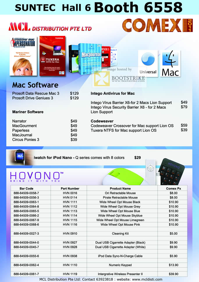 COMEX 2011 price list image brochure of MCL Apple Software Prosoft Mariner Narrator Paperless MacGourment MacJournal Intego Antivirus Codeweaver Tuxera Mouse Cigarrette Adapter Wireless Presenter II