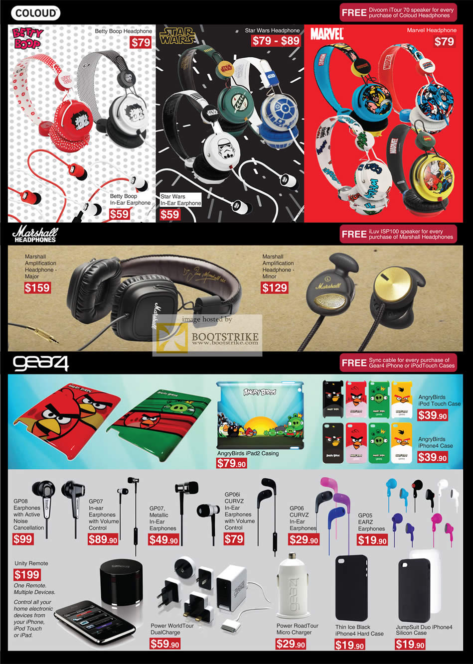 COMEX 2011 price list image brochure of Mccoy Headset Headphone Coloud Betty Boop Star Wars Marvel Marshall Gear4 Earphones Curvz Angry Birds IPad2 Case IPhone4 Charger Power RoadTour Remote JumpSuit Thin Ice