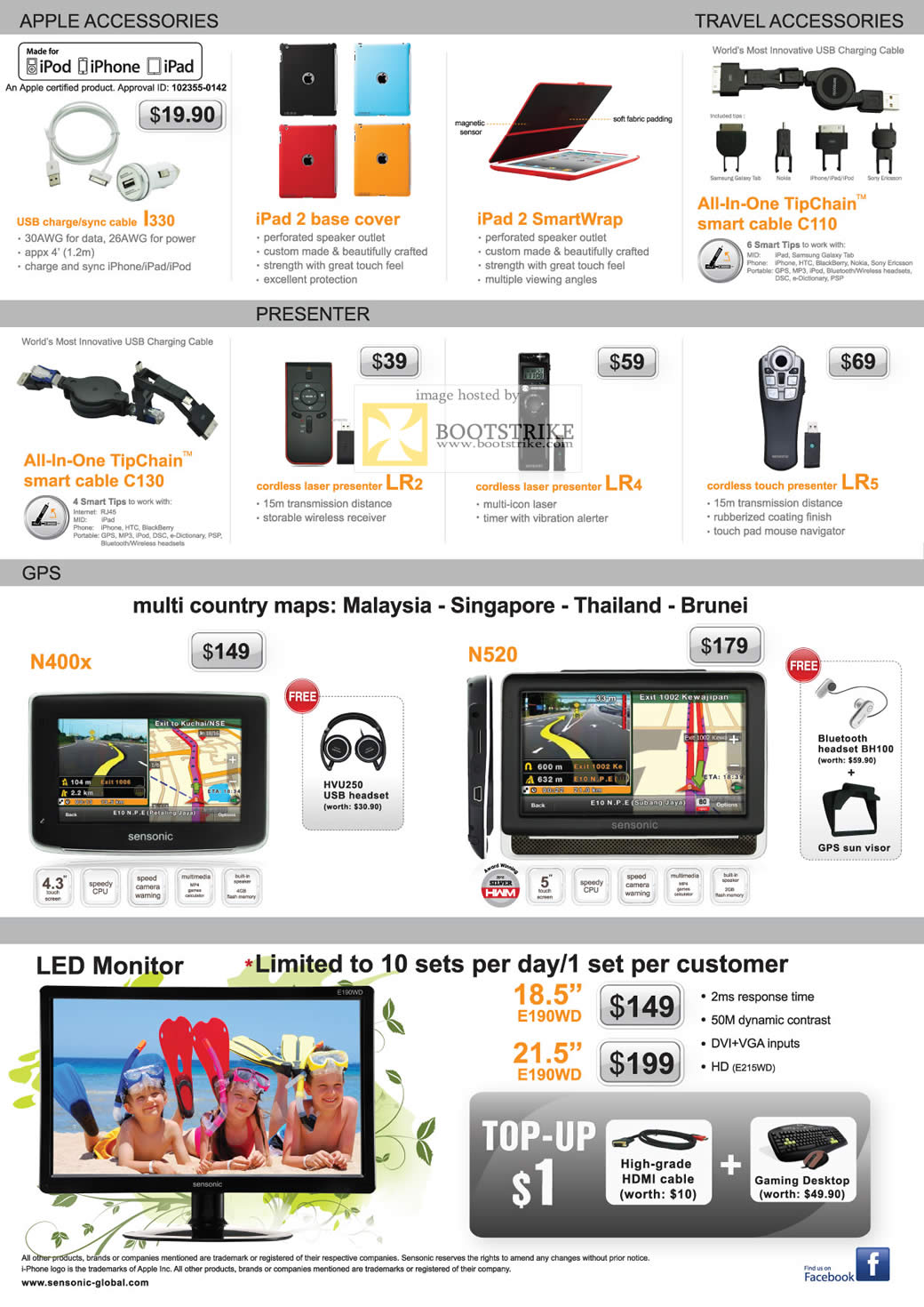 COMEX 2011 price list image brochure of Mclogic Sensonic Apple Accessories USB Charger Case Cable Laser Presenter GPS N400x N520 LED Monitor E190WD I330 TipChain C110 C130 LR2 LR4 LR5