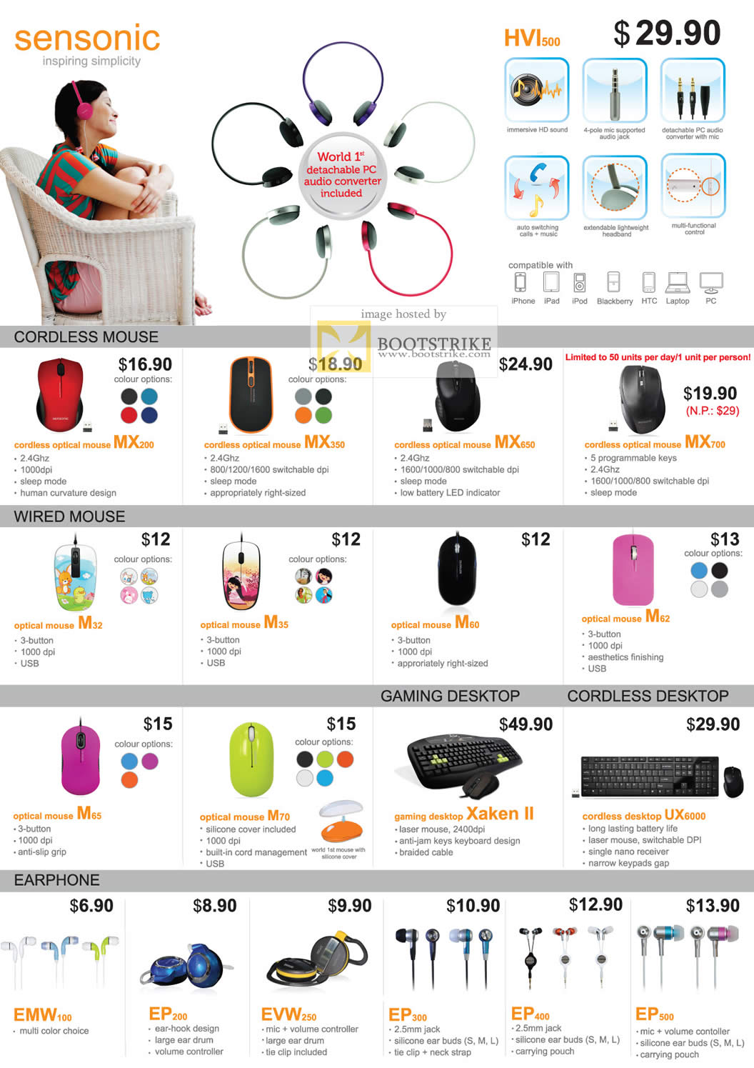 COMEX 2011 price list image brochure of Mclogic Sensonic Mouse Earphone Headset Keyboard HVI500 MX200 MX350 MX700 M32 M35 M60 M62 M65 M70 Xaken UX6000 EMW100 EP200 EVW250 EP300 EP400 EP500