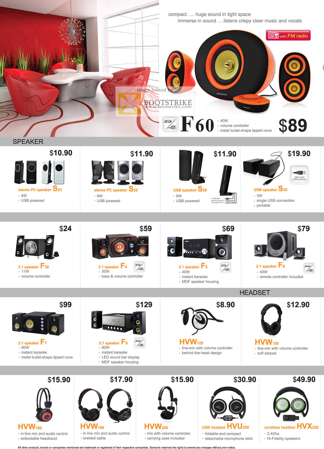 COMEX 2011 price list image brochure of Mclogic Sensonic Speakers USB Headset Wireless F60 S23 S25 S28 S30 F6 F5 F4 F30 F7 FS HVW124 VHW150 HVW180 HVW190 HVW200 HVU250 HVX220