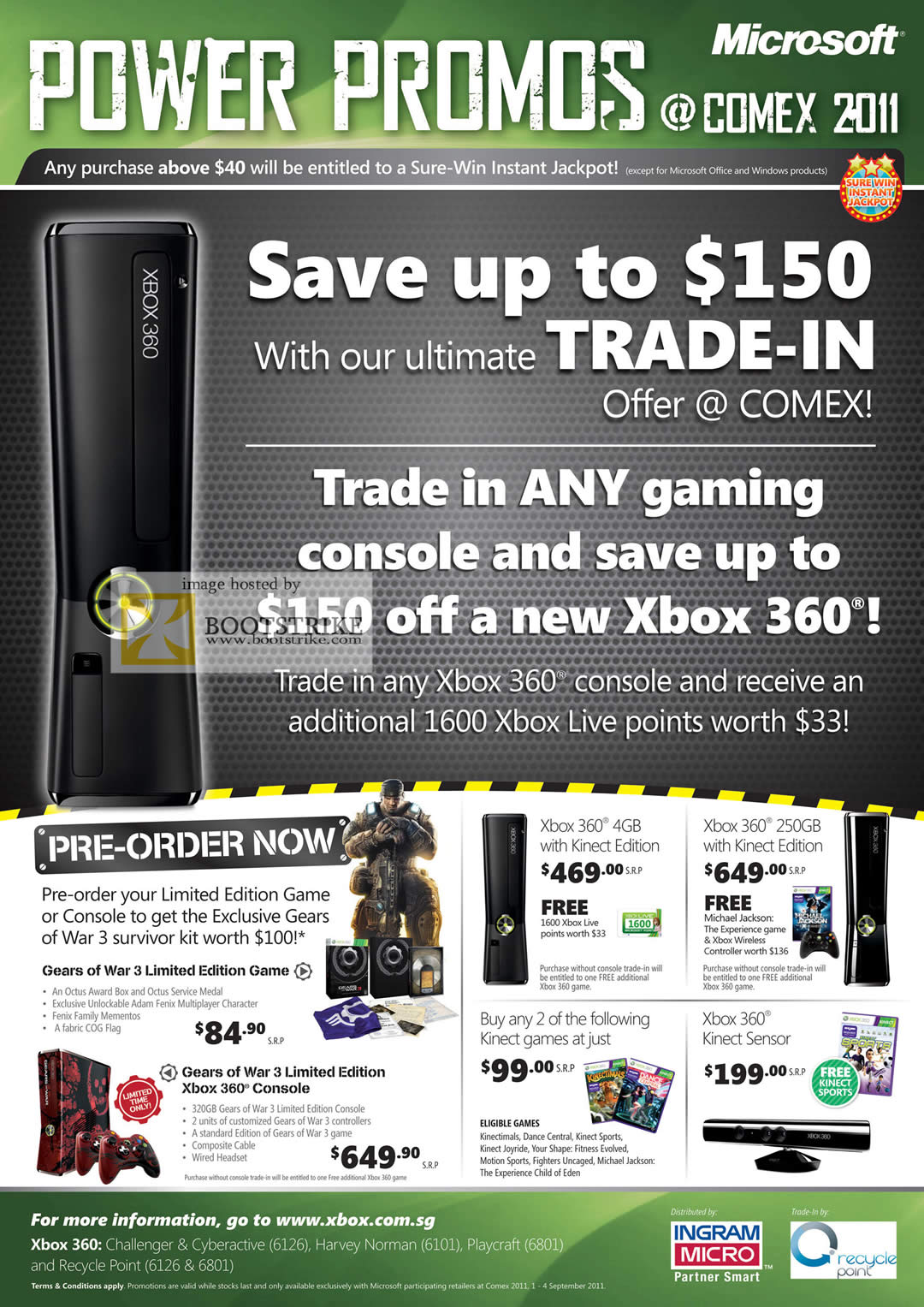 COMEX 2011 price list image brochure of Microsoft Xbox 360 Console Trade In Gears Of Ware 3 Kinect 4GB 250GB Sensor Games