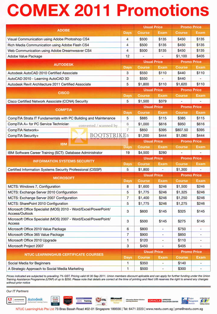 COMEX 2011 price list image brochure of NTUC Nextu Training Adobe Autodesk Cisco CCNA Comptia IBM CISSP Microsoft MCTS LearningHub