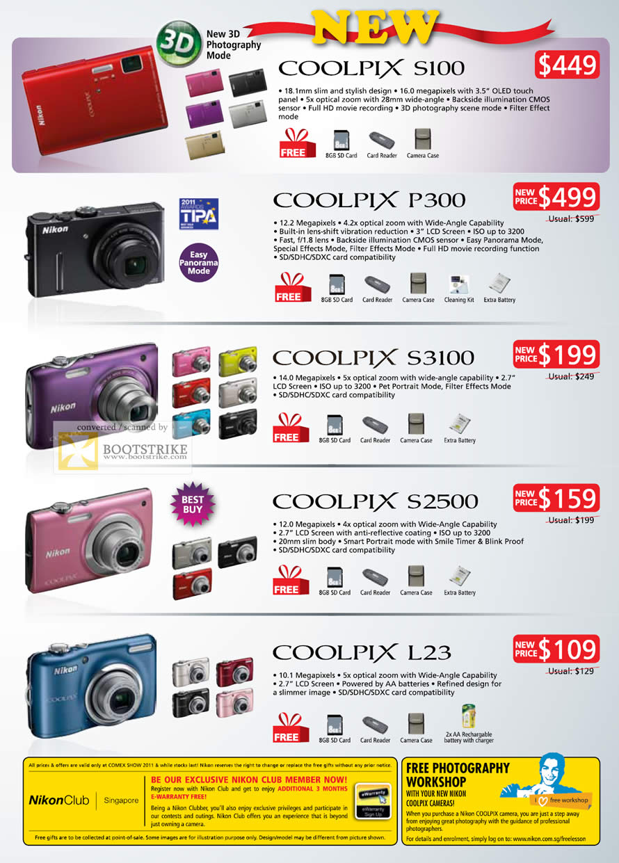 COMEX 2011 price list image brochure of Nikon Digital Cameras Coolpix S100 P300 S3100 S2500 L23