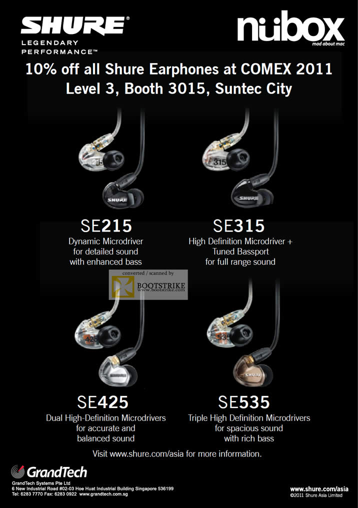 COMEX 2011 price list image brochure of Nubox GrandTech Shure Earphones SE215 SE315 SE425 SE535