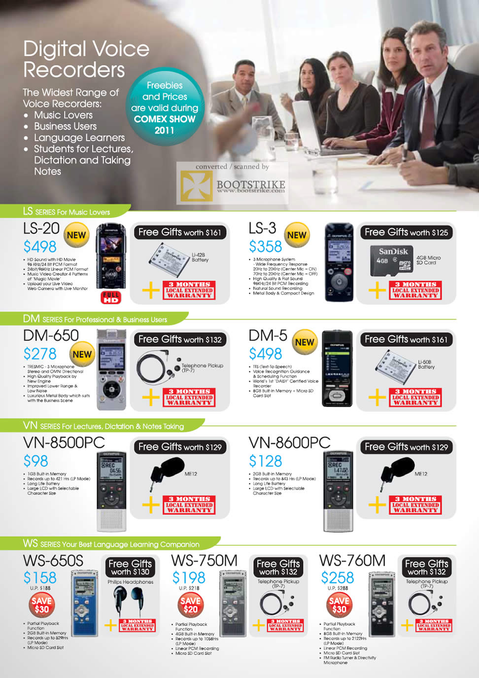 COMEX 2011 price list image brochure of Olympus Digital Voice Recorders LS-20 LS-3 DM-650 DM-5 VN-8500PC VN-8600PC WS-650S WS-750M WS-760M