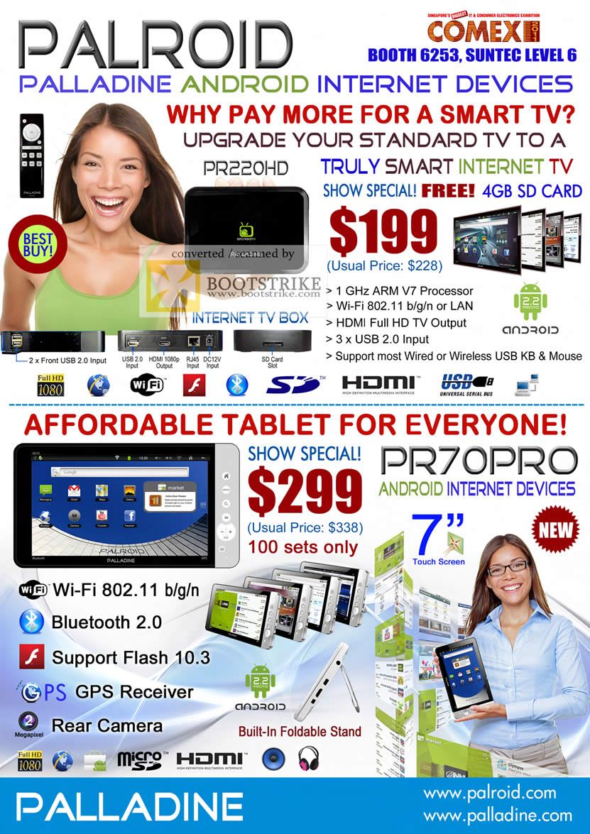 COMEX 2011 price list image brochure of Palladine Media Player Tablet Palroid Android PR220HD PR70PRO