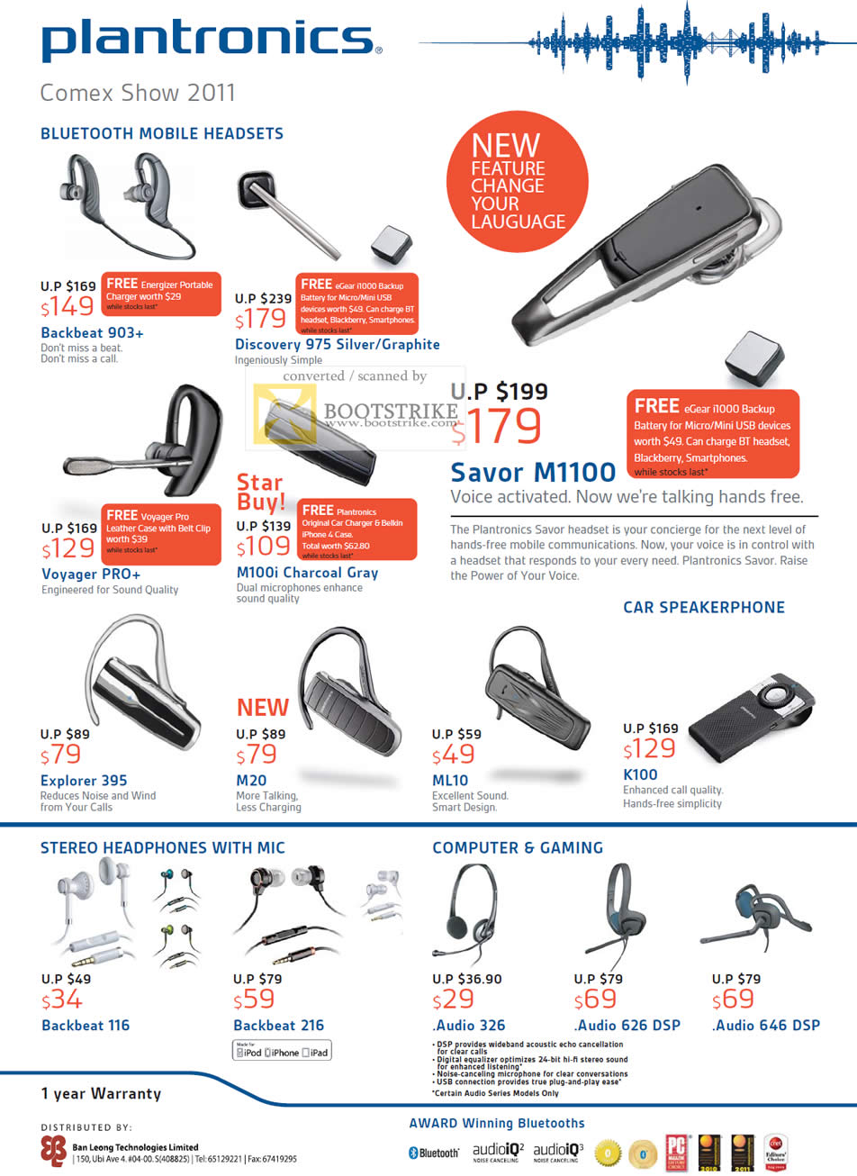 COMEX 2011 price list image brochure of Plantronics Headsets Bluetooth Backbeat 903 Discovery 975 Silver Graphite Savor M1100 M100i Voyager Pro Explorer 395 M20 ML10 K100 116 216 Audio 326 626 DSP 646