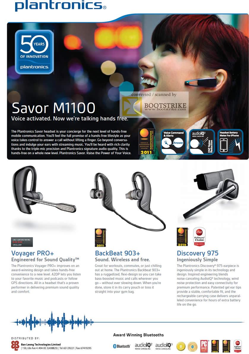 COMEX 2011 price list image brochure of Plantronics Headsets Savor M1100 Bluetooth Voyager PRO BackBeat 903 Discovery 975