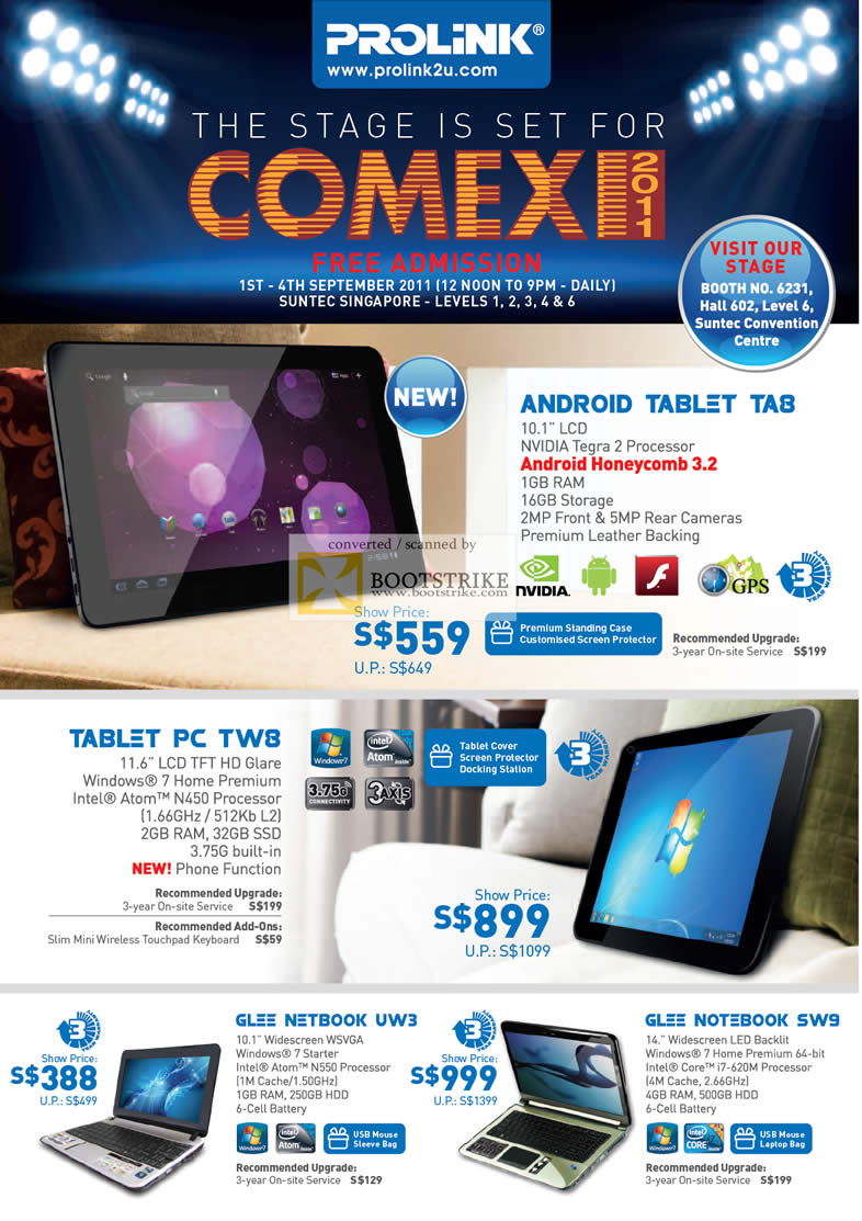 COMEX 2011 price list image brochure of Prolink Android Tablet TA8 PC TW8 Glee Netbook UW3 Notebook SW9