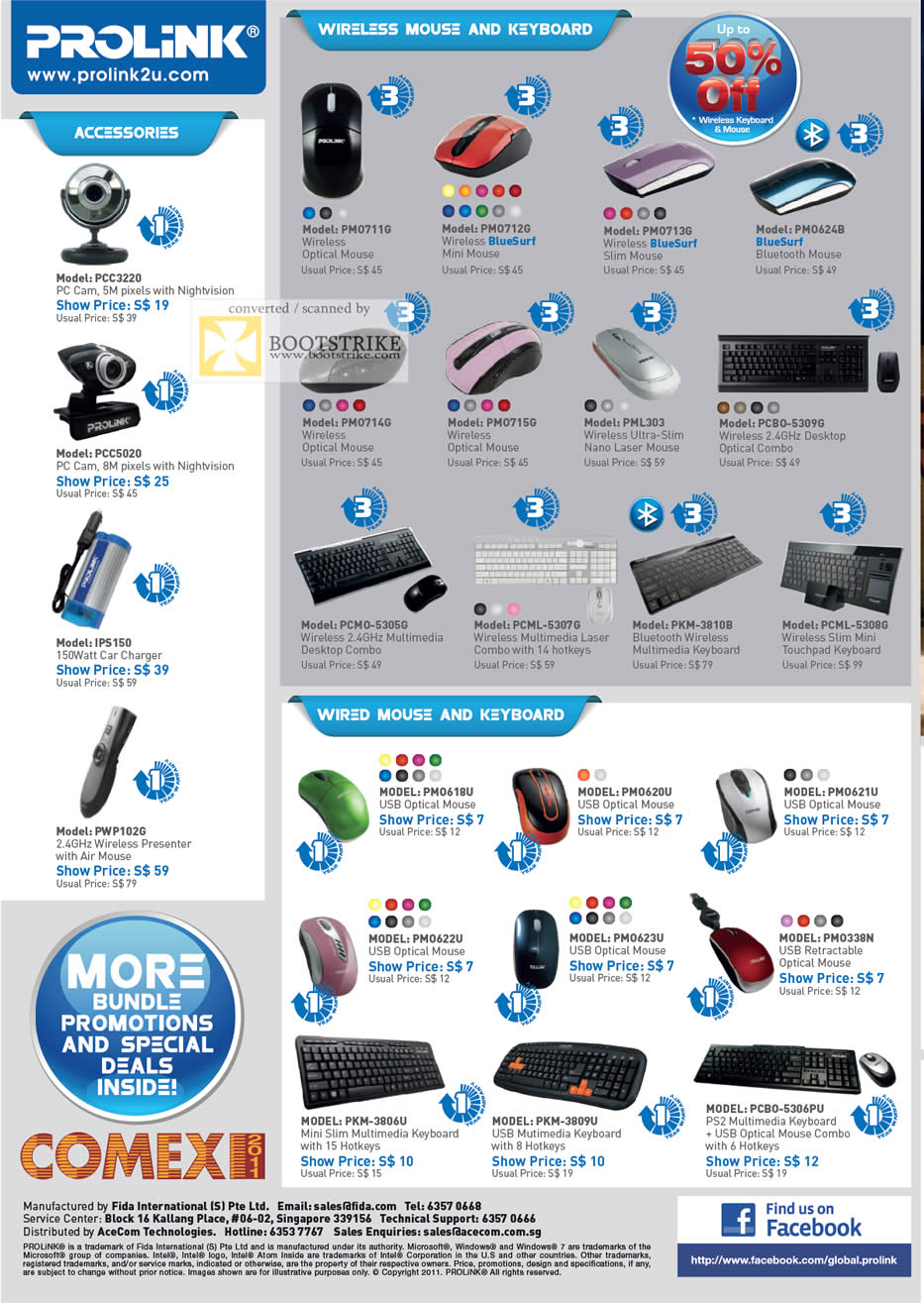 COMEX 2011 price list image brochure of Prolink Webcam Mouse Wireless Bluesurf Keyboard Bluetooth Touchpad Car Charger Laser