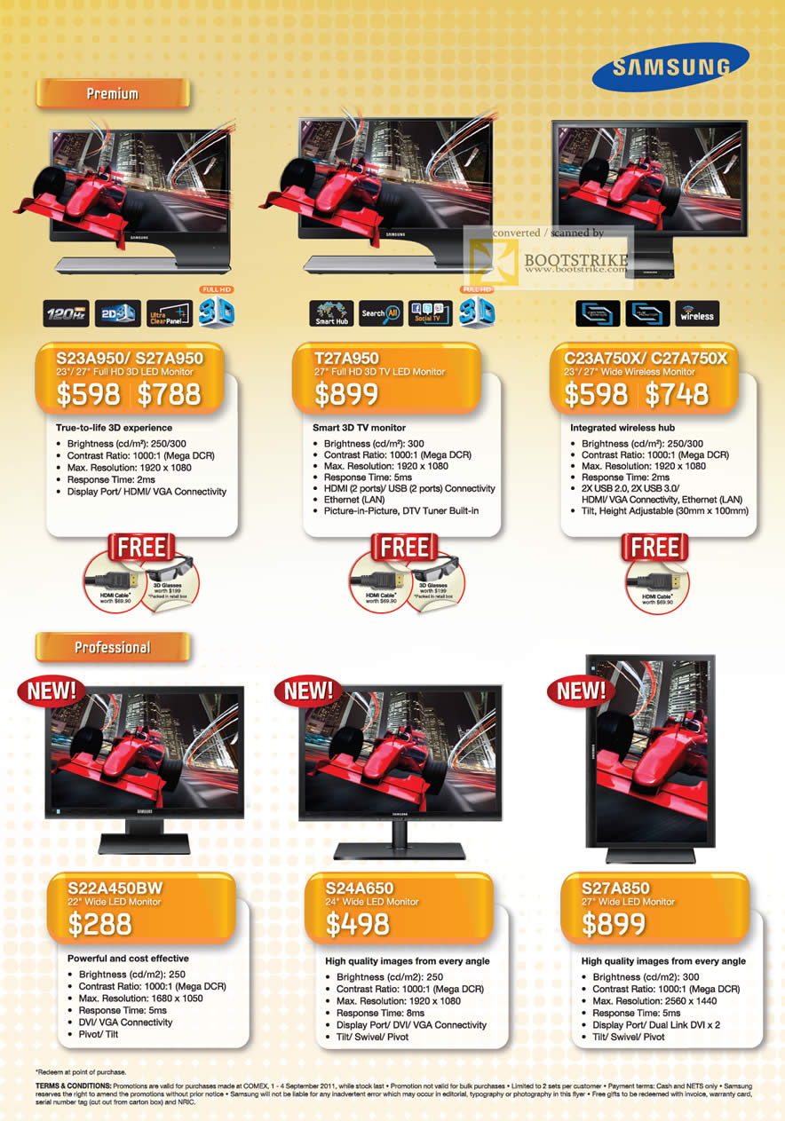 COMEX 2011 price list image brochure of Samsung Monitors LED S23A950 S27A950 T27A950 C23A750X C27A750X S22A450BW S24A650 S27A850