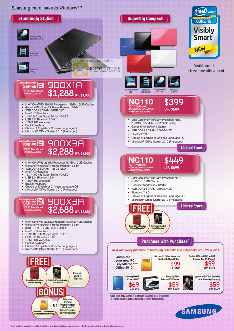 COMEX 2011 price list image brochure of Samsung Notebooks Series 9 900X1A 900X3A Netbook NC110 NP A01SG A02SG A03SG A04SG A05SG A013SG B023G