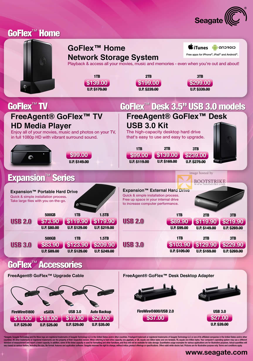 COMEX 2011 price list image brochure of Seagate External Storage Media Player GoFlex Home NAS FreeAgent TV Desk USB3 Expansion Upgrade Cable Desk Desktop Adapter