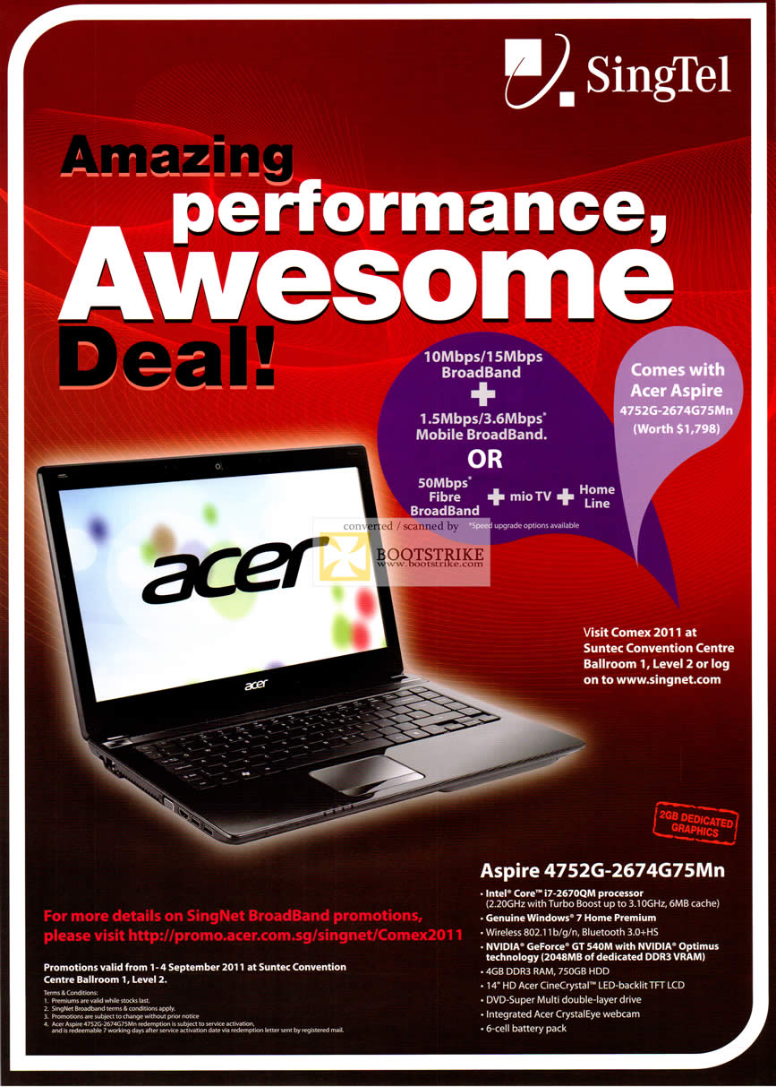 COMEX 2011 price list image brochure of Singtel 10Mbps 15Mbps Broadband Acer Aspire 4752G-2674G75Mn Notebook Specifications