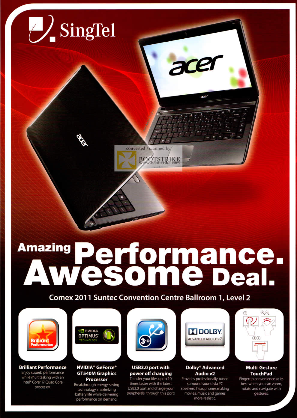 COMEX 2011 price list image brochure of Singtel Acer Notebook Deal Geforce USB3 Dolby Advanced Audio V2