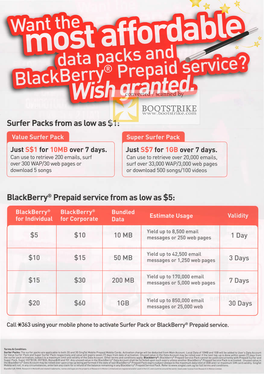 COMEX 2011 price list image brochure of Singtel Blackberry Prepaid Service Value Surfer Pack Super