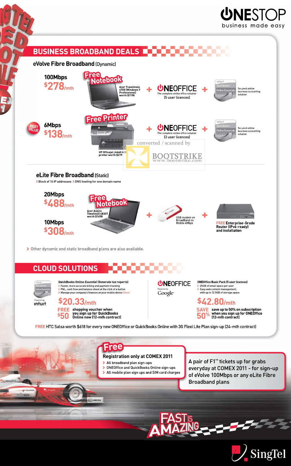 COMEX 2011 price list image brochure of Singtel Business Broadband EVolve Fibre Free Acer Travelmate 4750 Notebook HP Officejet J4660 Printer Oneoffice ELite Cloud Intuit QuickBooks
