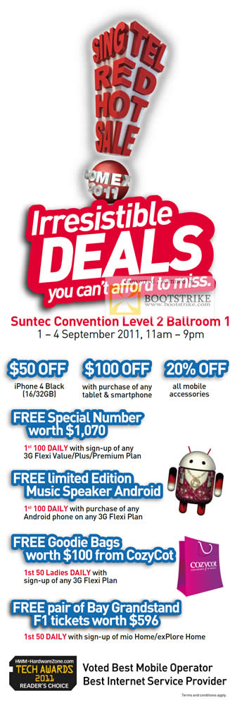 COMEX 2011 price list image brochure of Singtel Irresistible Deals Apple IPhone4 Smartphone Free Special Number Android Music Speaker CozyCot Goodie Bags Bay Grandstand F1 Tickets