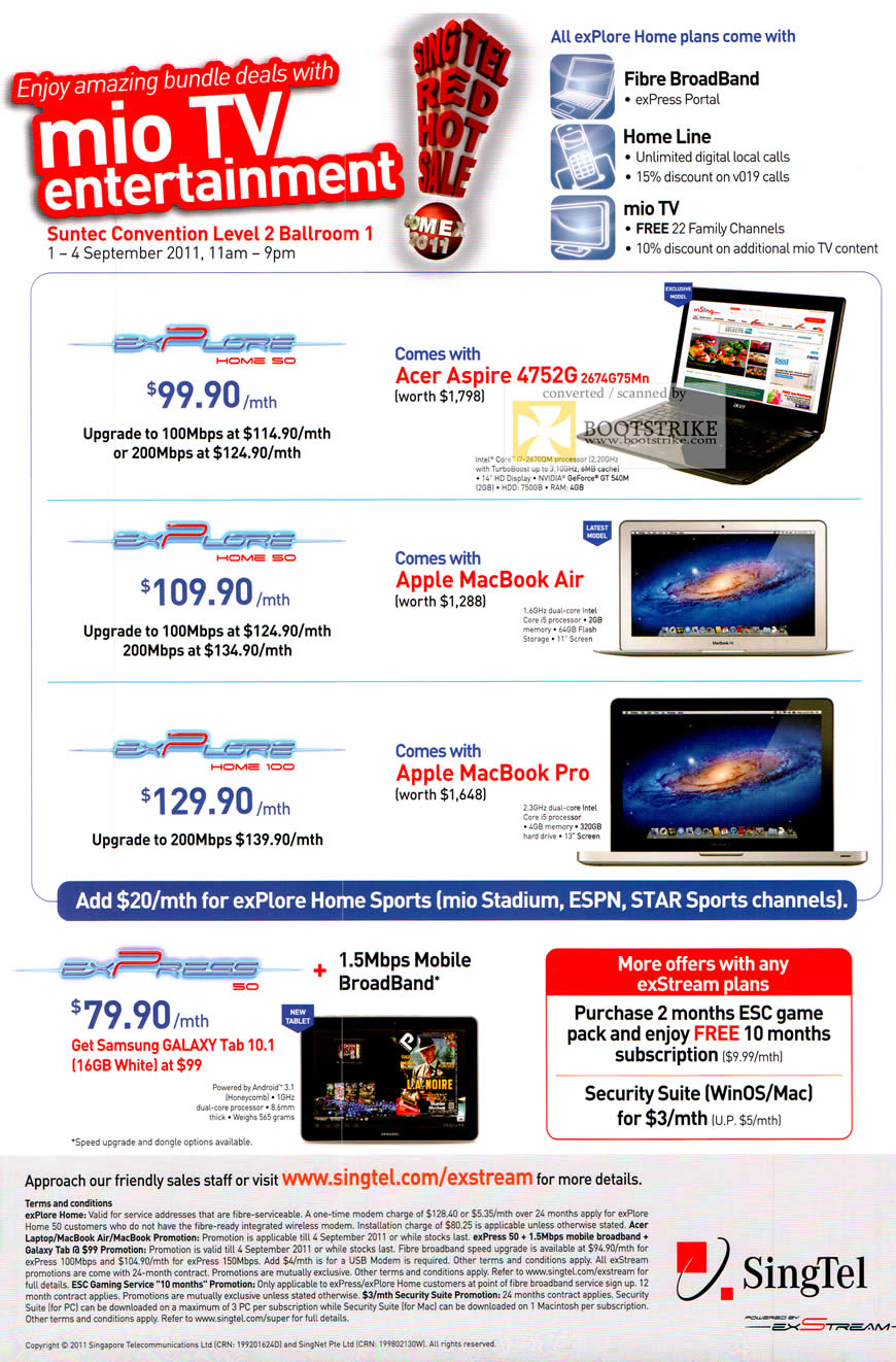 COMEX 2011 price list image brochure of Singtel Mio TV Explore Home 50 Acer Aspire 4752G 2674G75Mn Notebook Apple Macbook Air 100 Pro Samsung Galaxy Tab 10.1