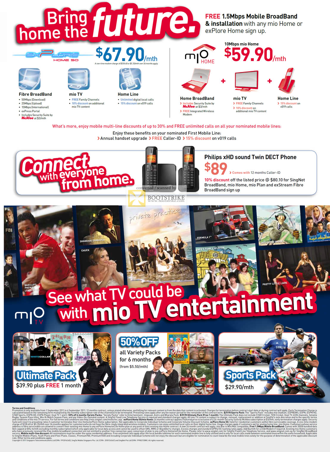 COMEX 2011 price list image brochure of Singtel Mio TV Explore Home 50 Mio Home Philips XHD Sound Twin Dect Phone