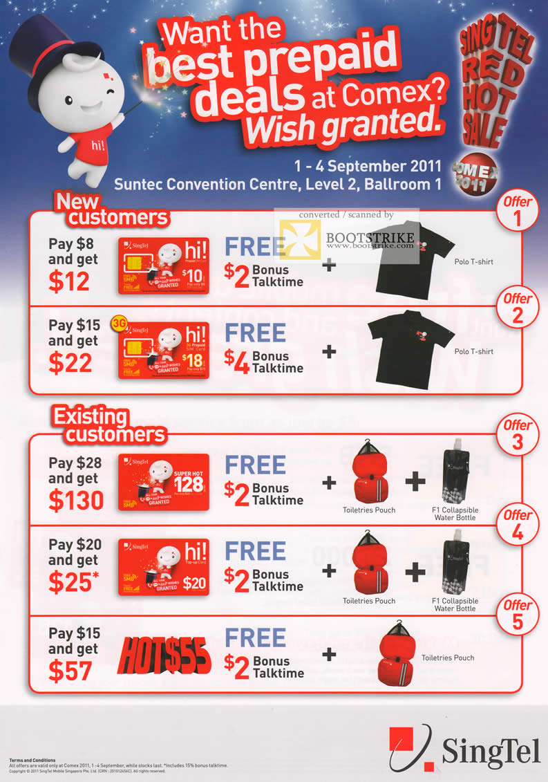COMEX 2011 price list image brochure of Singtel Prepaid Hi Card Free Bonus Talktime Toiletries Pouch F1 Collapsible Water Bottle