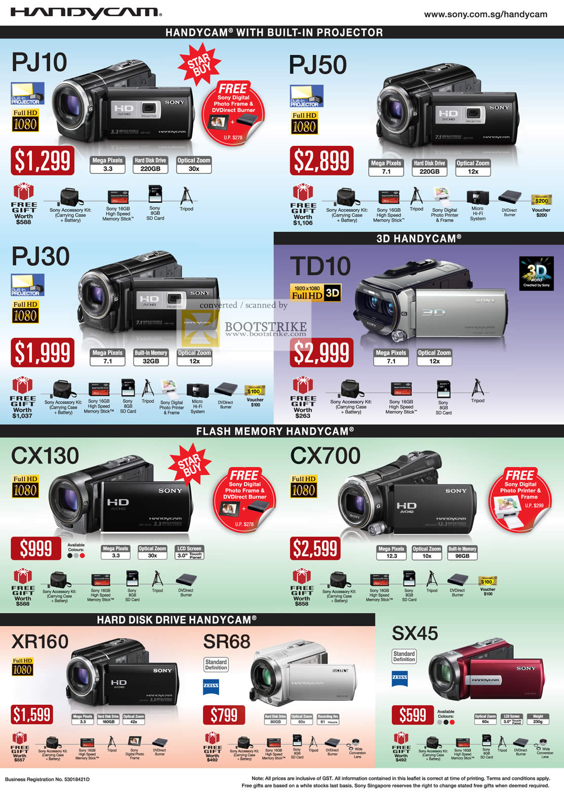 COMEX 2011 price list image brochure of Sony Video Camcorders Handycam HDR PJ10 PJ50 PJ30 TD10 CX130 CX700 XR160 SR68 SX45