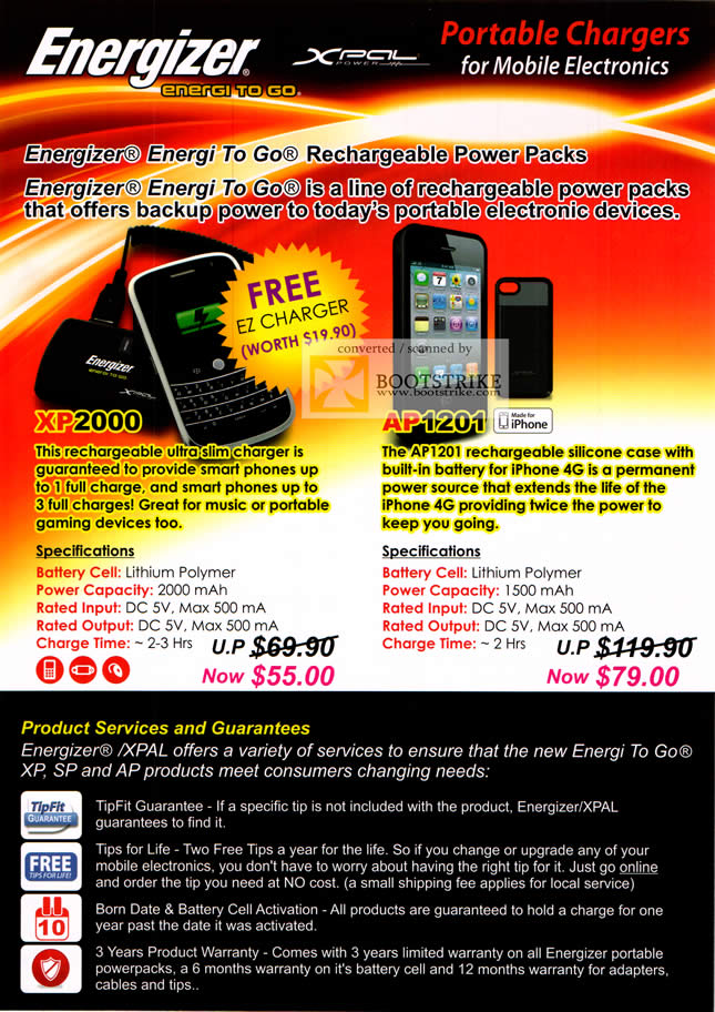 COMEX 2011 price list image brochure of Sprint Cass Energizer Xpal Portable Mobile Phone Charger XP2000 AP1201