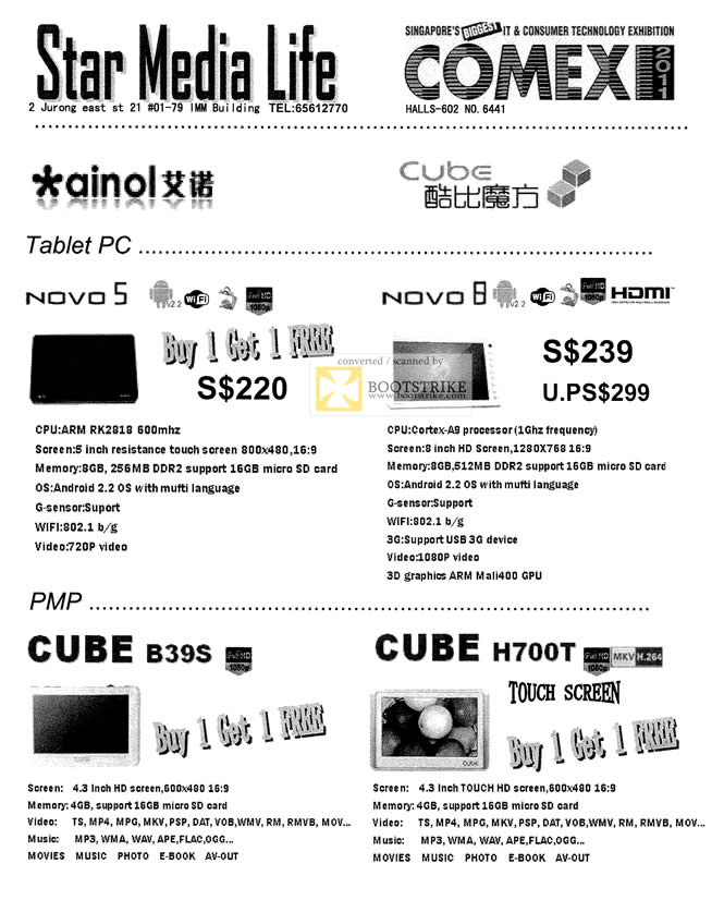 COMEX 2011 price list image brochure of Star Media Life Ainol Cube Novo 5 Tablet PC Novo 8 PMP Cube B39S H700T