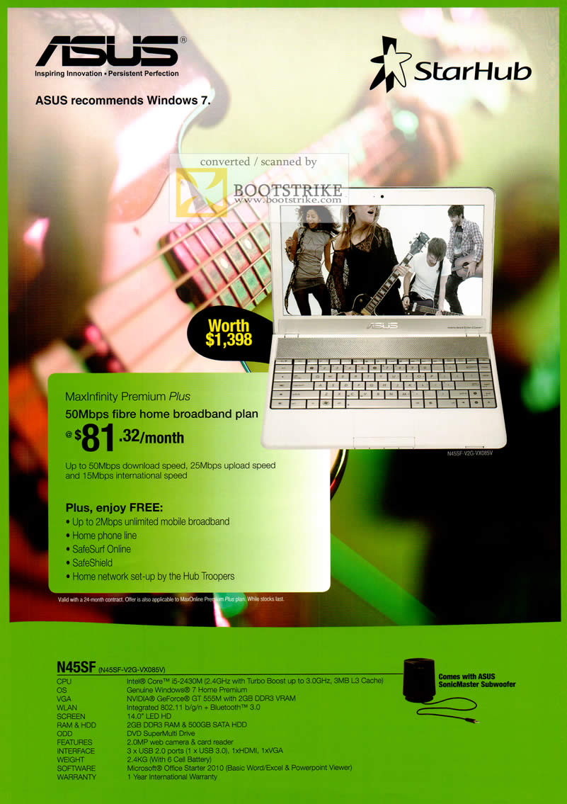 COMEX 2011 price list image brochure of Starhub ASUS Notebook N45SF-V2G-VX085V MaxInfinity Premium Plus Fibre Broadband Plan Specifications