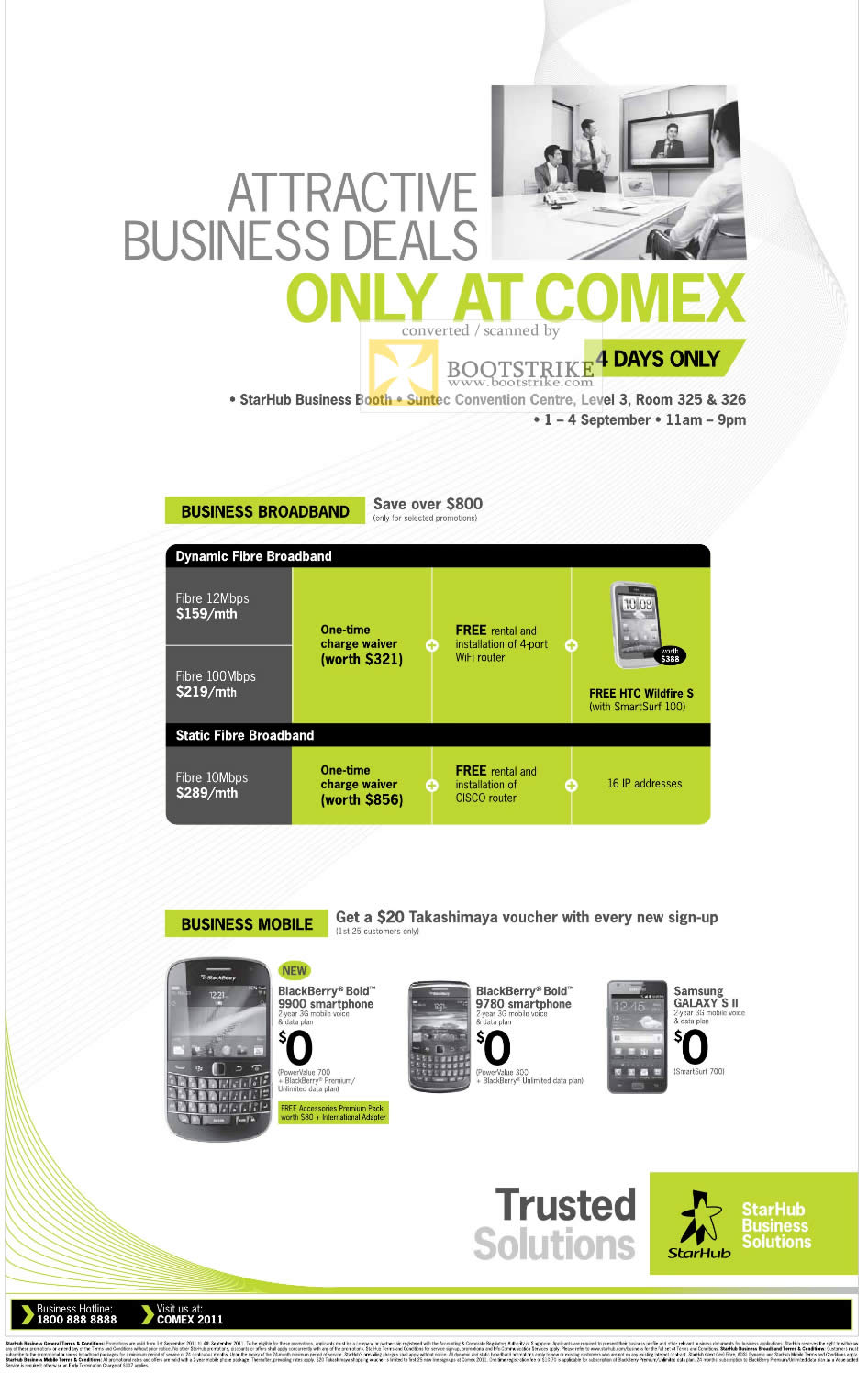COMEX 2011 price list image brochure of Starhub Business Broadband Fibre 12Mbps 100Mbps Free HTC Wildfire S 10Mbps Blackberry Bold 9900 9780 Samsung Galaxy S II