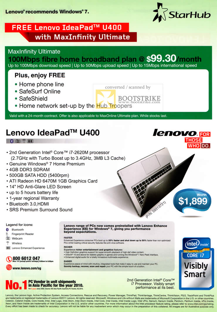 COMEX 2011 price list image brochure of Starhub MaxInfinity Ultimate 100Mbps Fibre Broadband Plan Lenovo IdeaPad U400 Notebook Specifications