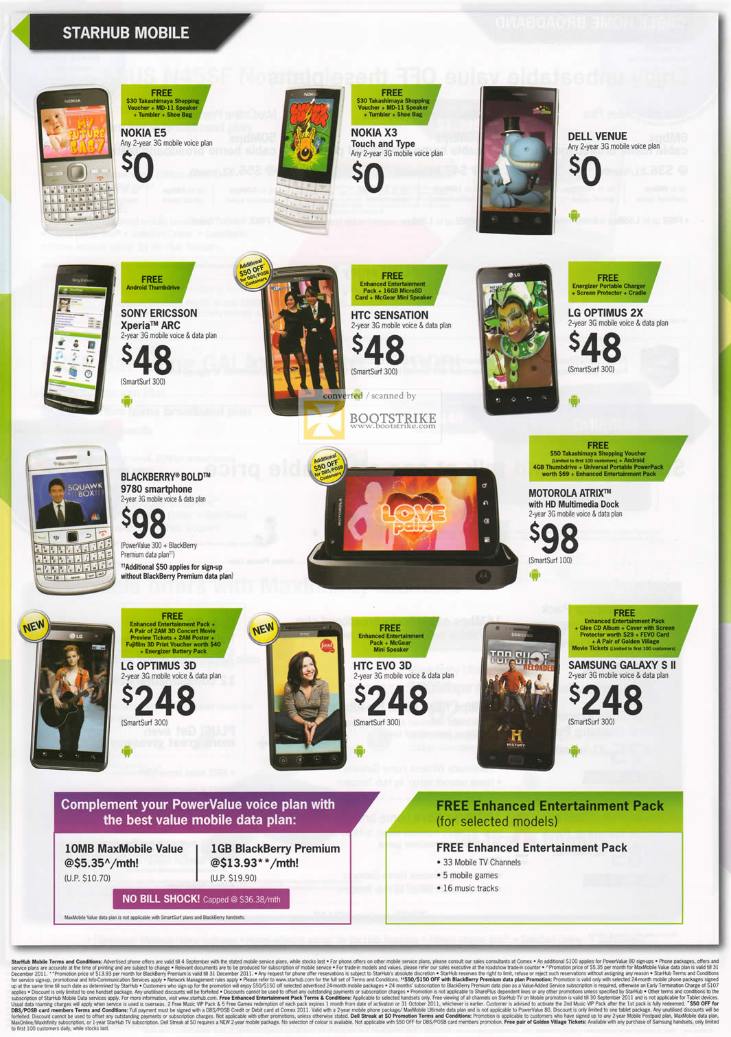 COMEX 2011 price list image brochure of Starhub Mobile Phones Nokia E5 X3 Dell Venue Sony Ericsson Xperia Arc HTC Sensation Evo 3D LG Optimus 3D 2X Blackberry Bold 9780 Motorola Atrix Samsung Galaxy S II