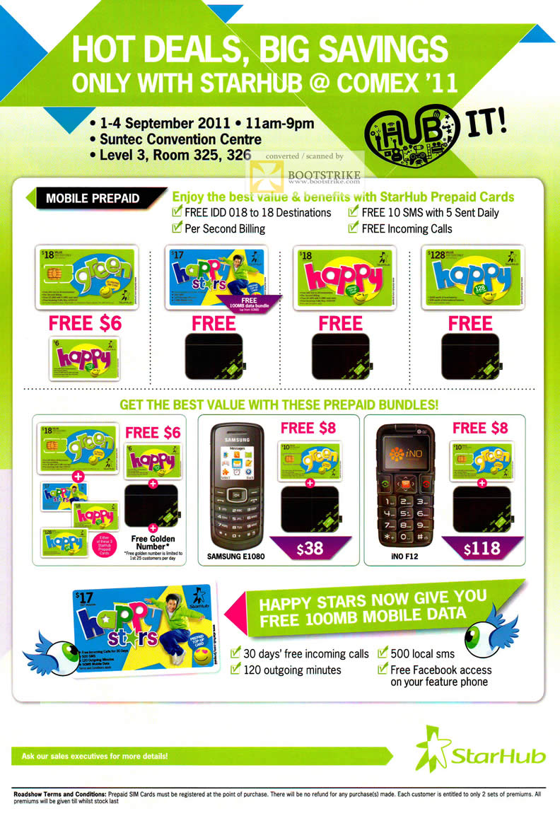 COMEX 2011 price list image brochure of Starhub Mobile Prepaid Bundles Samsung E1080 INO F12 Happy Stars