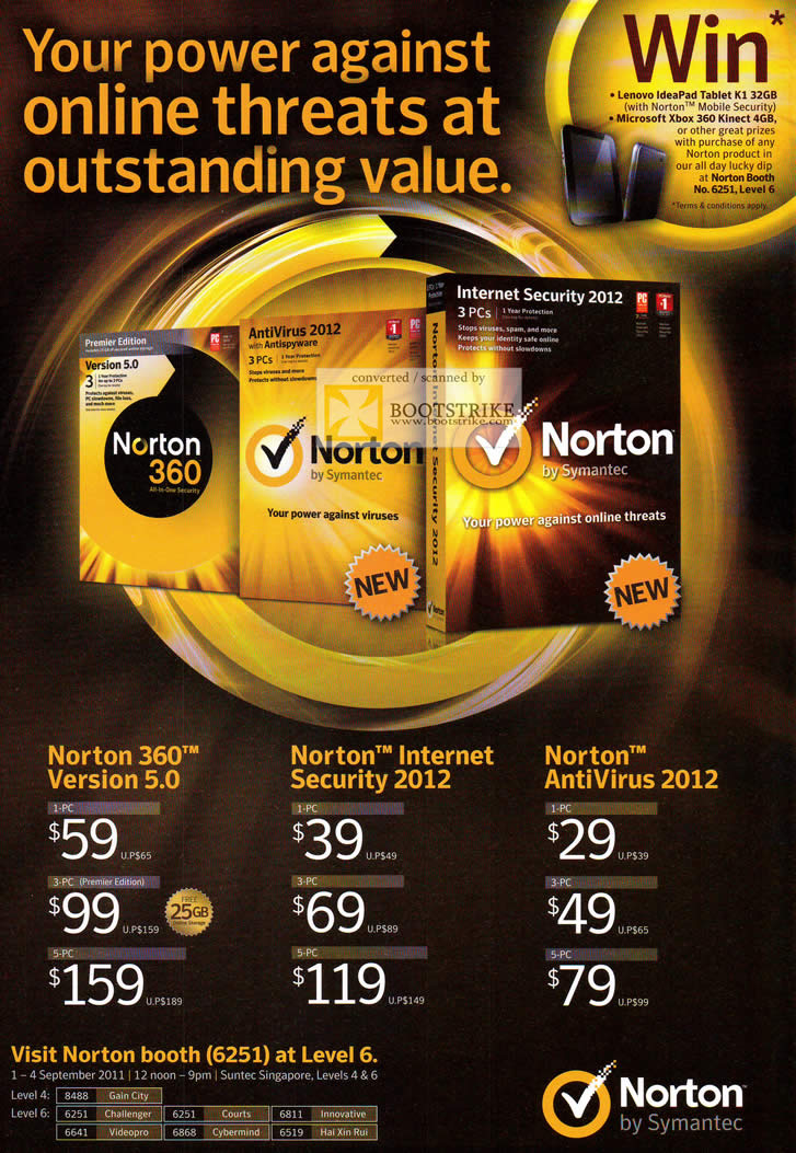 COMEX 2011 price list image brochure of Symantec Norton 360 Version 5 Internet Security 2012 Anti Virus 2012