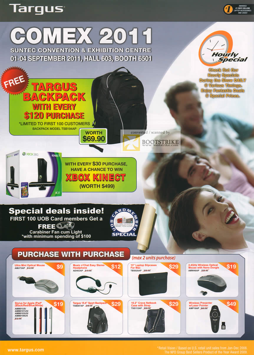 COMEX 2011 price list image brochure of Targus Purchase With Purchase Optical Mouse Stylus Backback Headphone Slipcase Lucky Draw