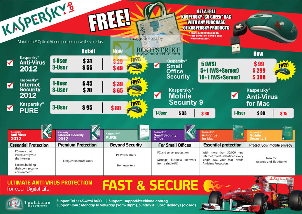 COMEX 2011 price list image brochure of TechLane Kaspersky Anti-Virus 2012 Internet Security Pure Small Office Security Mobile Security Apple Mac Comparison Chart