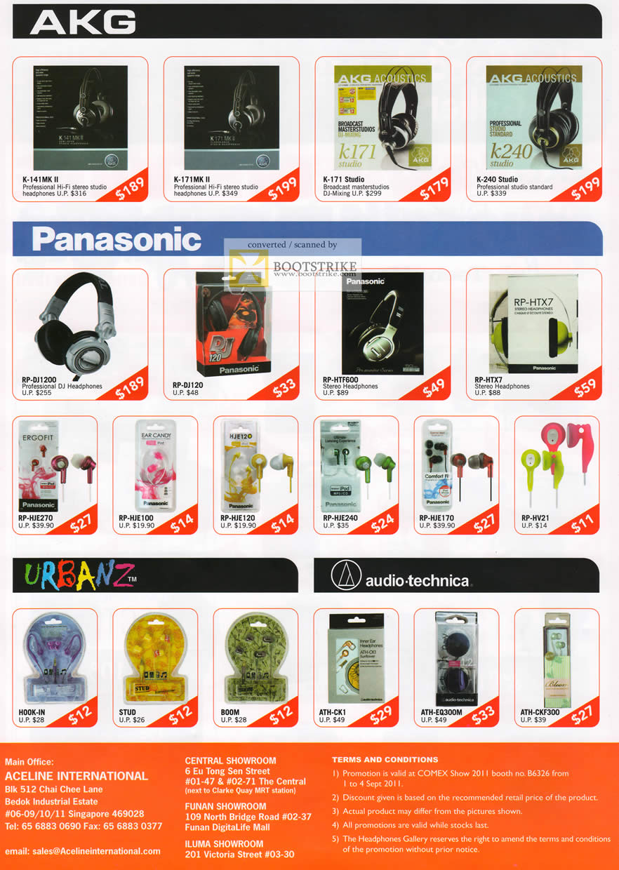 COMEX 2011 price list image brochure of The Headphones Gallery AKG MK II Studio Panasonic Headphones Urbanz Hook-In Stud Boom Audio Technica ATH CK1 EQ300M CKF300